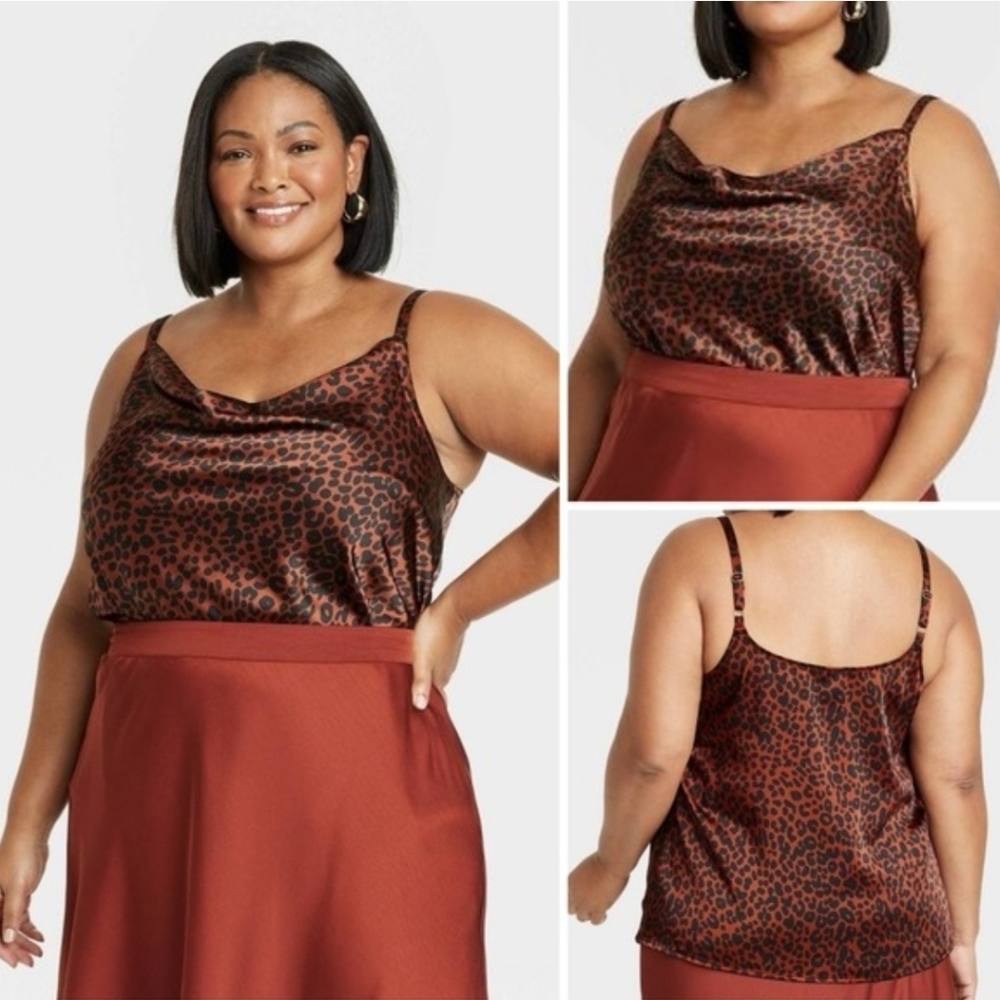 Ava & Viv sz 2X Spaghetti strap satin scoop cowl animal print top